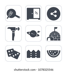 Premium fill icons set on white background . Such as technology, top, share, ice, internet, igloo, arctic, storage, white, wood, astronomy, food, modern, pan, space, interior, blue, button, saturn