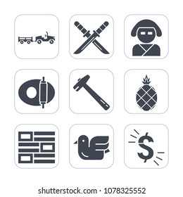 Premium fill icons set on white background . Such as cooking, tropical, traditional, equipment, katana, ninja, white, spanner, asian, van, food, news, newspaper, internet, truck, kimono, delivery, usd
