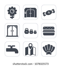 Premium fill icons set on white background . Such as weight, lolly, travel, elevator, map, white, marine, house, building, dessert, arrow, lollipop, colorful, location, road, sea, kilogram, shell, up