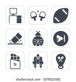 Premium fill icons set on white background . Such as equipment, bug, erase, football, workplace, ball, music, field, bar, technology, action, sport, game, butterfly, grass, rocket, stadium, video, fly