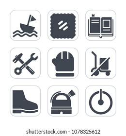 Premium fill icons set on white background . Such as page, power, yacht, vintage, textbook, switch, paper, literature, postage, nautical, shopping, postal, wrench, scale, boat, library, education, sea
