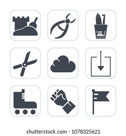 Premium fill icons set on white background . Such as hygiene, garden, scissors, equipment, beach, sport, drill, flag, national, cloud, sand, health, skate, toothbrush, brush, tower, finger, dentist