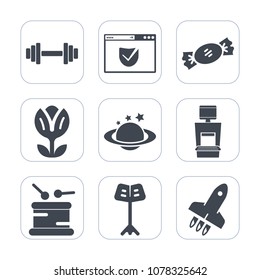Premium fill icons set on white background . Such as striped, planet, rocket, sport, pink, earth, orchestra, sound, lolly, website, health, xray, launch, dumbbell, instrument, drum, lock, web, weight