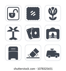 Premium fill icons set on white background . Such as warm, tropical, post, blossom, toy, double, furniture, leaf, education, padlock, spring, lock, fireplace, home, protection, white, rubber, fire