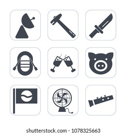 Premium fill icons set on white background . Such as air, table, meal, travel, sailboat, sound, red, swine, cutlery, japan, piglet, alcohol, repair, work, spanner, dinner, tool, equipment, sign, ship