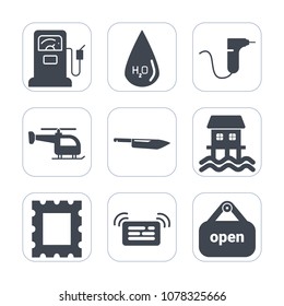 Premium fill icons set on white background . Such as energy, medical, drop, business, clean, liquid, pump, picture, store, gasoline, message, photo, houseboat, service, notification, care, air, knife