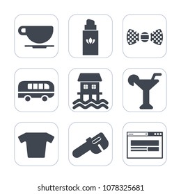 Premium fill icons set on white background . Such as clothing, female, espresso, travel, perfume, houseboat, spray, web, transportation, cafe, business, bus, tie, repair, bow, alcohol, aroma, coffee