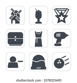 Premium fill icons set on white background . Such as clothing, sign, ribbon, industry, lime, award, headwear, fun, bowling, mill, dress, electric, glass, drink, success, pictogram, cocktail, account