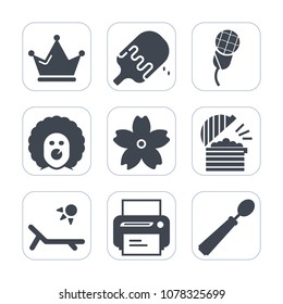 Premium fill icons set on white background . Such as strawberry, kitchen, microphone, clown, sunny, music, sweet, mic, spoon, character, holiday, equipment, cream, princess, karaoke, white, luxury