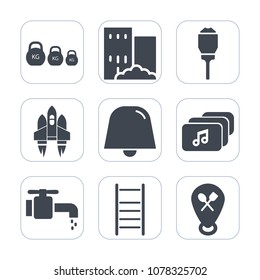 Premium fill icons set on white background . Such as faucet, electric, metal, lamp, post, architecture, business, shuttle, restaurant, ladder, electricity, space, fitness, ship, sign, construction