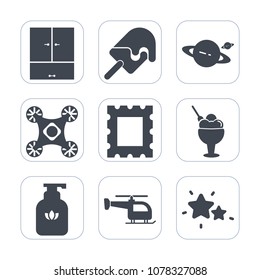 Premium fill icons set on white background . Such as universe, clean, closet, sign, night, food, radio, wardrobe, frame, border, strawberry, sweet, vehicle, helicopter, photo, soap, space, planet, ice