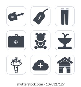 Premium fill icons set on white background . Such as wine, casual, clothes, business, teddy, toy, emergency, instrument, house, tag, men, sound, alcohol, water, guitar, fluffy, clothing, real, label