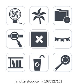 Premium fill icons set on white background . Such as holiday, fan, fresh, drink, juice, food, happy, cooling, air, summer, laptop, tropical, library, pan, natural, coconut, kitchen, tree, archive