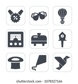 Premium fill icons set on white background . Such as home, wireless, boiler, spring, summer, fun, price, heater, radio, hat, discount, sky, origami, parachuting, parachute, equipment, glass, percent