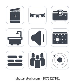 Premium fill icons set on white background . Such as decoration, timetable, galaxy, audio, schedule, sound, celebration, volume, science, health, doctor, projector, web, hospital, colorful, cone, flag