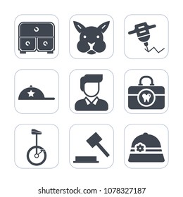 Premium fill icons set on white background . Such as white, man, happy, headwear, health, care, fashion, equipment, cute, object, drill, repair, style, clothing, clean, office, male, law, hand, power