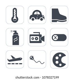 Premium fill icons set on white background . Such as silhouette, airport, cold, joy, fahrenheit, deactivate, transport, meteorology, art, vehicle, car, fun, video, drawing, airplane, sky, automobile