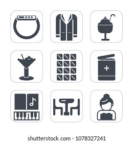Premium fill icons set on white background . Such as bride, note, family, cream, wear, clothing, table, groom, outfit, watch, strawberry, ice, vanilla, technology, time, summer, style, jacket, home