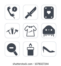 Premium fill icons set on white background . Such as space, candle, web, fork, call, child, hammer, table, fashion, wax, steel, fiction, fire, gambling, clothes, alien, card, service, flame, monster