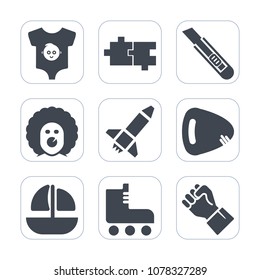 Premium fill icons set on white background . Such as cute, puzzle, guitar, small, ship, fun, skating, ocean, people, scary, cutter, rocket, circus, sport, clothes, hand, newborn, knife, cut, shape