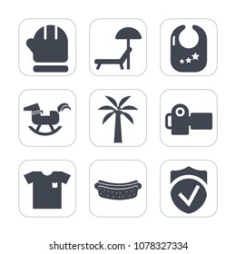 Premium fill icons set on white background . Such as mittens, check, security, toy, fashion, warm, sunbed, infant, new, rattle, travel, shirt, clothing, hotdog, sausage, meat, relaxation, hat, sea, 