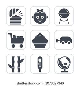 Premium fill icons set on white background . Such as carriage, little, child, boy, grilled, temperature, food, doughnut, grilling, chef, globe, map, cake, dessert, happy, sweet, cooking, drink, global