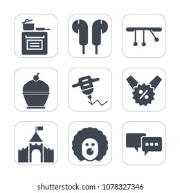 Premium fill icons set on white background . Such as drill, character, dessert, pastry, stereo, domestic, bubble, cook, home, price, white, music, modern, sale, equipment, sign, food, sound, talk, pie