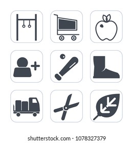 Premium fill icons set on white background . Such as add, nature, sign, training, apple, retail, boot, market, trolley, pruning, store, athlete, work, silhouette, healthy, organic, sale, exercise, buy