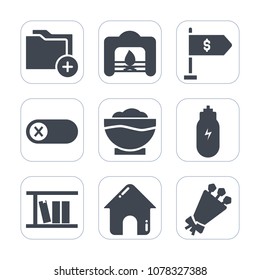 Premium fill icons set on white background . Such as information, floral, flower, concept, winter, fireplace, file, building, bouquet, storage, turn, house, estate, deactivate, lifestyle, coffee, red