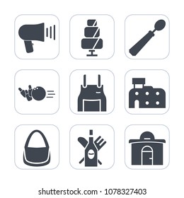 Premium fill icons set on white background . Such as real, speaker, pinafore, kitchen, muffin, bag, bakery, cook, loud, bowling, dinner, house, sport, estate, glass, cake, business, chef, apron, sweet