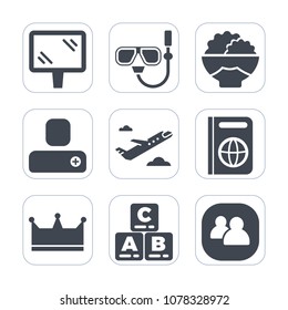 Premium fill icons set on white background . Such as king, billboard, crown, road, travel, child, element, immigration, sea, airplane, tourism, grain, underwater, water, social, snorkeling, contact