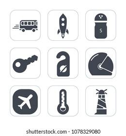 Premium fill icons set on white background . Such as spice, plane, seasoning, rider, key, sea, technology, hotel, rocket, ocean, urban, motel, label, food, road, helmet, transport, temperature, light