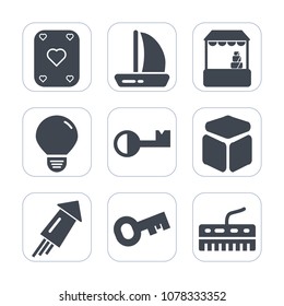 Premium fill icons set on white background . Such as firework, market, sail, buy, event, idea, electricity, business, cube, ship, vacation, sign, energy, play, store, food, celebration, travel, key