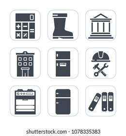 Premium fill icons set on white background . Such as home, folder, appliance, accounting, industry, fashion, household, banking, style, construction, bank, brown, finance, oven, city, financial, wear