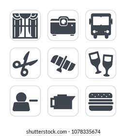 Premium fill icons set on white background . Such as film, curtain, projector, bus, planet, decoration, media, glass, home, pictogram, delete, space, apartment, house, wine, interior, vehicle, sign