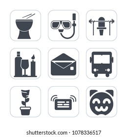 Premium fill icons set on white background . Such as musical, sound, bottle, snorkeling, dumbbell, drink, water, cute, cat, instrument, envelope, room, underwater, notification, message, glass, animal