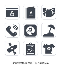 Premium fill icons set on white background . Such as care, sign, newborn, baby, mobile, clothes, childhood, want, call, child, kayak, water, interests, music, web, outgoing, internet, template, lock