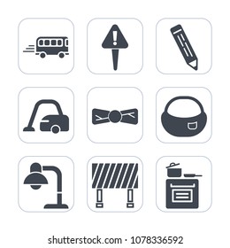 Premium fill icons set on white background . Such as kitchen, pen, backpack, rucksack, cleaner, exclamation, travel, object, fashion, home, traffic, transportation, mark, office, bus, domestic, urban