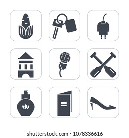 Premium fill icons set on white background . Such as automobile, book, car, mic, lock, organic, cable, diet, water, auto, audio, brochure, nutrition, security, vegetable, food, energy, bottle, corn