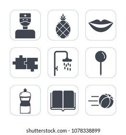Premium fill icons set on white background . Such as book, puzzle, game, health, library