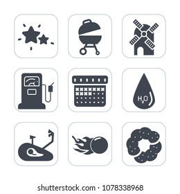 Premium fill icons set on white background . Such as bike, bicycle, star, doughnut, calendar, environment, comet, nature, wind, gas, electricity, meat, drink, timetable, grill, turbine, bbq, sausage
