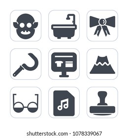 Premium fill icons set on white background . Such as music, stamp, agriculture, note, volcano, humanoid, harvest, mark, elegance, toilet, tie, extraterrestrial, eyeglasses, fiction, bathroom, farming