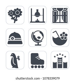Premium fill icons set on white background . Such as planet, world, cocktail, science, global, flower, hat