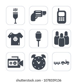 Premium fill icons set on white background . Such as ball, handgun, equipment, video, watch, pistol, mobile, communication, hour, time, baby, beverage, glass, city, drink, bottle, bowling, alcohol