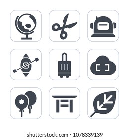 Premium fill icons set on white background . Such as boat, sphere, geography, black, nature, japanese, ship, travel, cloud, airport, plant, science, yacht, bag, planet, celebration, helmet, shrine