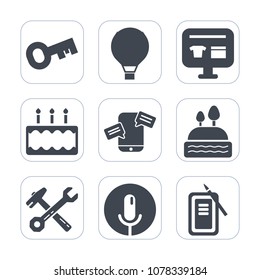 Premium fill icons set on white background . Such as sweet, record, sound, parachute, safe, mobile, dessert, discount, ecommerce, key, jump, fly, house, lock, skydiving, chat, ink, spanner, cart, air