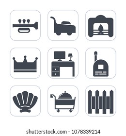 Premium fill icons set on white background . Such as young, musical, lawn, table, gardening, winter, crown, home, shell, barrier, agriculture, fun, sign, sound, mower, restaurant, garden, desk, wall