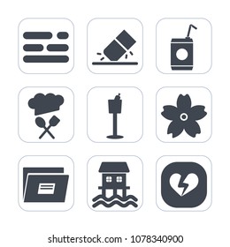 Premium fill icons set on white background . Such as soft, bottle, houseboat, beverage, sign, business, table, white, sakura, wine, cold, drink, spring, layout, chief, heart, eraser, office, fresh