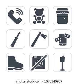 Premium fill icons set on white background . Such as axe, nutrition, footwear, fashion, fun, teddy, organic, call, chat, sign, button, healthy, fluffy, white, phone, communication, toy, holder, sweet