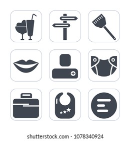 Premium fill icons set on white background . Such as strawberry, knife, person, diaper, dessert, summer, mobile, beauty, vanilla, restaurant, button, bag, sign, element, baby, banner, teeth, female